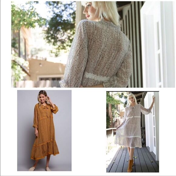 COTTAGE Core  A Shape  Lace Trimmed Dress w/ 3/4 Sleeves - Picture 8 of 16